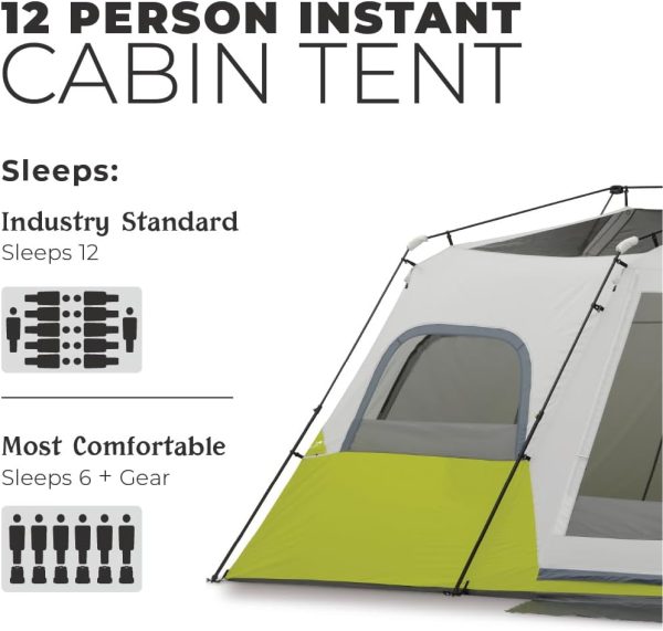 CORE Instant Cabin Tents | 6 Person / 9 Person / 10 Person / 12 Person Family Cabin Multi Room Pop Up Tents Car Camping | Included Storage Pockets for Camping Accessories - Image 2